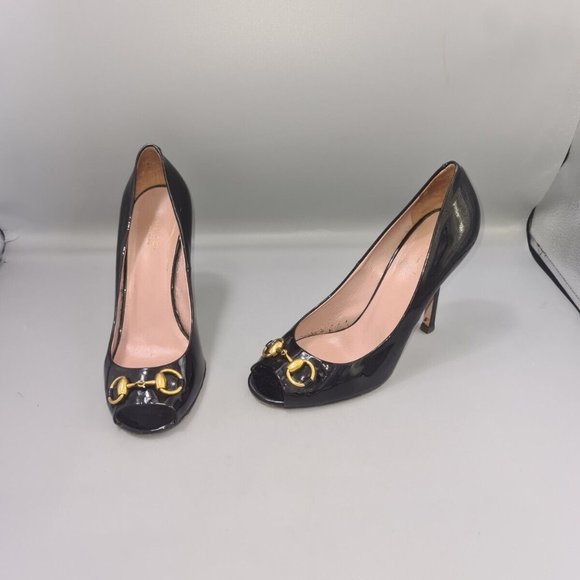 GUCCI Horsebit Heels Size UK 5.5 EU 38.5 Black Patent Leather Peep-Toe Stiletto - Picture 2 of 12